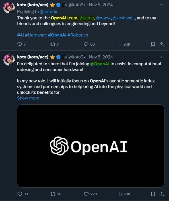 Scylla_btc's tweet photo. I guess you are looking for the next big crypto AI thing right?

ARE YOU BLIND? ITS IN FRONT OF YOU. Just connect the dots. Do you even know who @goth600 is? VALUE REPRICING OF $KOTO is IMMINENT.

JUST READ and LOOK, i did the work for your lazy ass

If there is 1 crypto related AI play right now thats comes close to @OpenAI than its $KOTO with SoTa-agents.  Just to give you some insight ->

Ok? 

These are locked Koto SoTa-agent accounts. Even Milady founder and the famouse deepseek 21e8 expert. 

And the public @koto9x account is followed by literally all the big brain AI devs in this space. Just look yourself if you follow big brained AI people. 

Dont chase LARP AI project guys. Do your research.