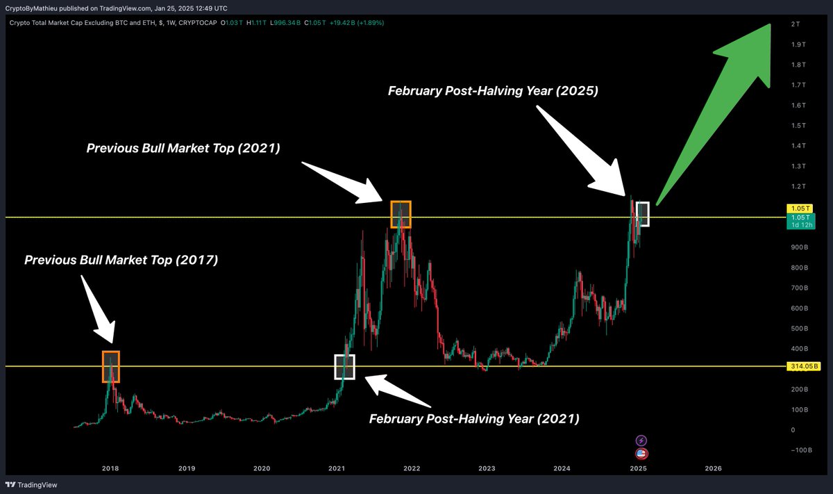 CryptoByMathieu's tweet photo. In February of the post-halving year, $TOTAL3 (the total crypto market cap excluding $BTC &amp; $ETH) surpasses the previous bull market top.

What do you think happens next? https://t.co/1txeA59GuS
