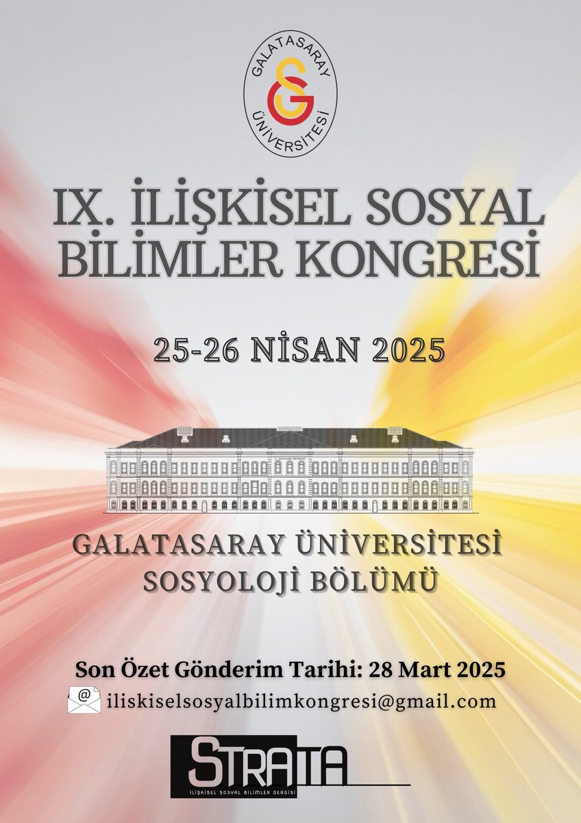 ✨ Kongre Çağrısı ✨
📢  IX. İlişkisel Sosyal Bilimler Kongresi, 25-26 Nisan 2025 tarihlerinde Galatasaray Üniversitesi Sosyoloji Bölümü ev sahipliğinde gerçekleştirilecektir.

🕒 Son Özet Gönderim Tarihi: 28 Mart 2025
📧 Daha fazla bilgi için: l24.im/R0VeY7G