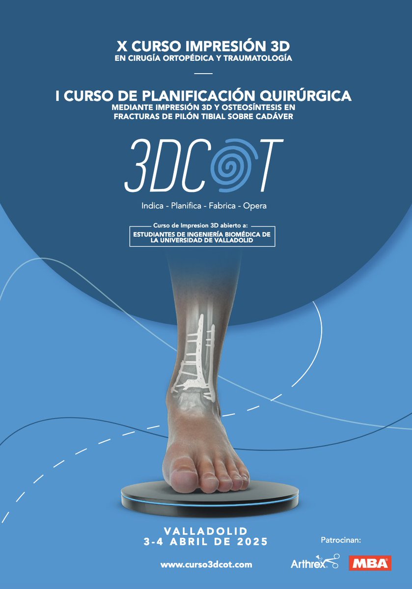 3DCOT (@3dcot) on Twitter photo ¿Curso de impresión 3D con prácticas en cadáver? ¡Lo tenemos!
3 y 4 de abril de 2025
Aprende todo lo necesario para la impresión 3D y planificación quirúrgica de fracturas de pilón tibial.
curso3dcot.com
Contacta con tu delegado Arthrex o MBA.
<a href="/pabloancano/">Pablo Andrés Cano</a> <a href="/NachoAMS/">I Aguado Maestro</a> ¿Curso de impresión 3D con prácticas en cadáver? ¡Lo tenemos!
3 y 4 de abril de 2025
Aprende todo lo necesario para la impresión 3D y planificación quirúrgica de fracturas de pilón tibial.
curso3dcot.com
Contacta con tu delegado Arthrex o MBA.
<a href="/pabloancano/">Pablo Andrés Cano</a> <a href="/NachoAMS/">I Aguado Maestro</a>