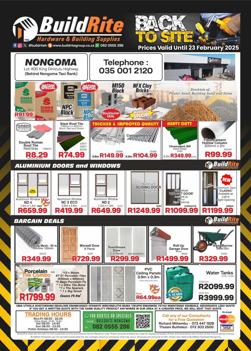 BuildriteH's tweet photo. Build Rite Hardware Back to Site Sale is now on at Nongoma...Are you ready for these Crazy Prices and many more Amazing deals!!!📷

#nongoma #zululand #kwazulunatal #035 #3950 #buildrite #buildritehardware #hardware #hardwarestore #affordable #dream https://t.co/o6t8voXa8A
