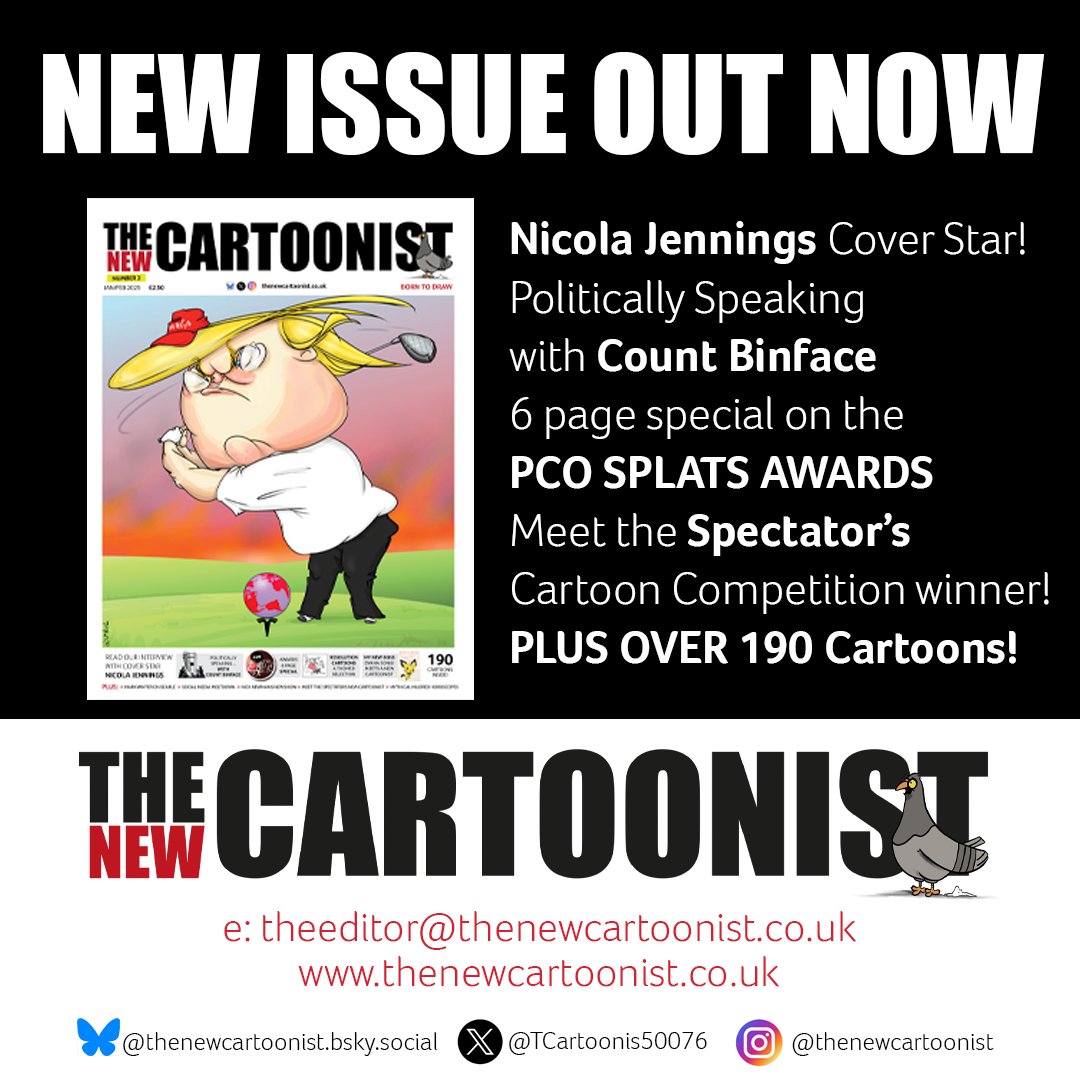 We have lift off! Apologies for the delay! With the <a href="/guardian/">The Guardian</a>  cartoonist Nicola Jennings as cover star, the <a href="/procartoonists/">Procartoonists</a>  SPLATS Awards the <a href="/spectator/">The Spectator</a>  new cartoonist, <a href="/CountBinface/">Count Binface</a>  and much much more!
issuu.com/thenewcartooni…