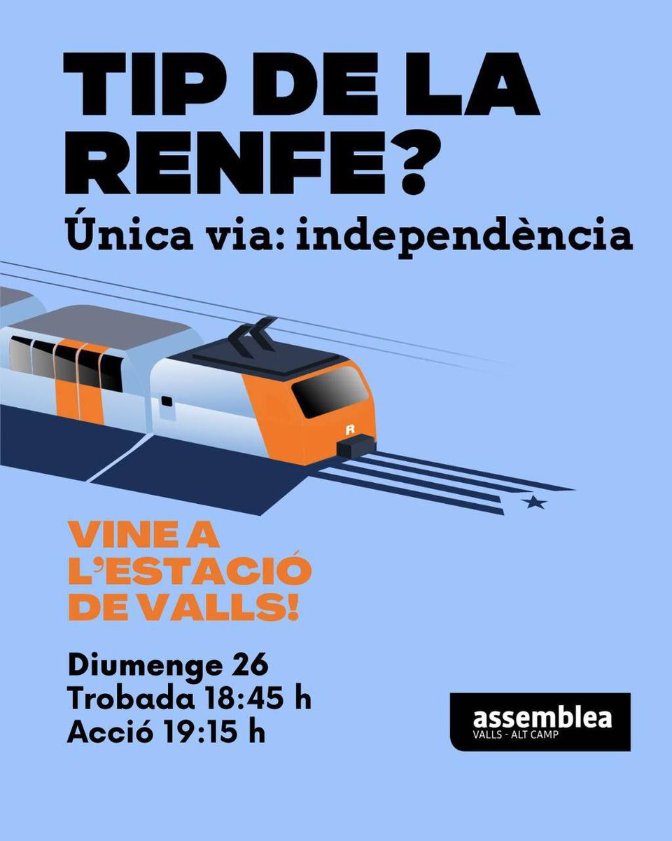 AncConca's tweet photo. ⚪⚫  Acció a Valls

📌 Lloc: Estació de trens (Valls)
⌚️ Hora: 18:45 h
�� Dia: 26/02/2025

Estem tips de la Renfe! I l'única solució és la independència! 

✳️ ANC CONCA DE BARBERÀ https://t.co/0JDd3RiKrL