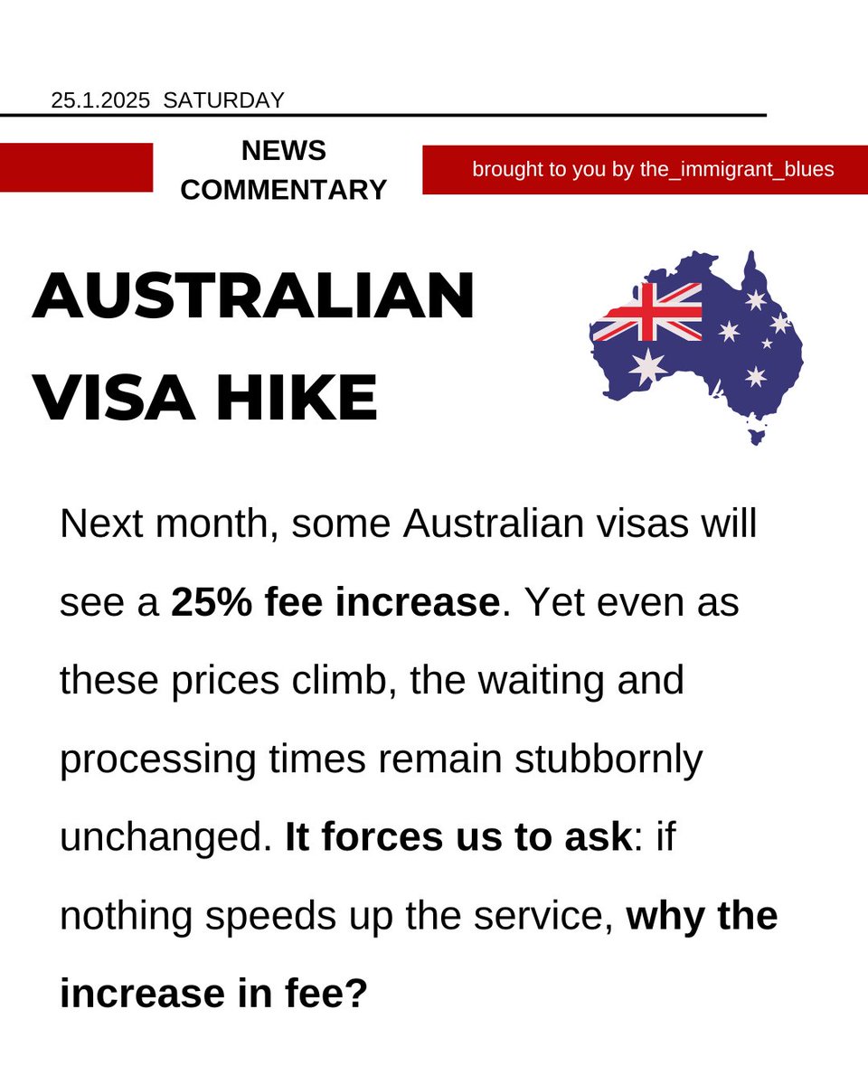 immigrant_blues's tweet image. Starting next month, some Australian visas will see a 25% fee increase. Yet, waiting times and processing delays remain unaltered, leaving everyone to wonder: why pay more for the same pace of service?

#VisaFeeHike #ImmigrationUpdate #ProcessingDelays #CostOfVisa #Australia