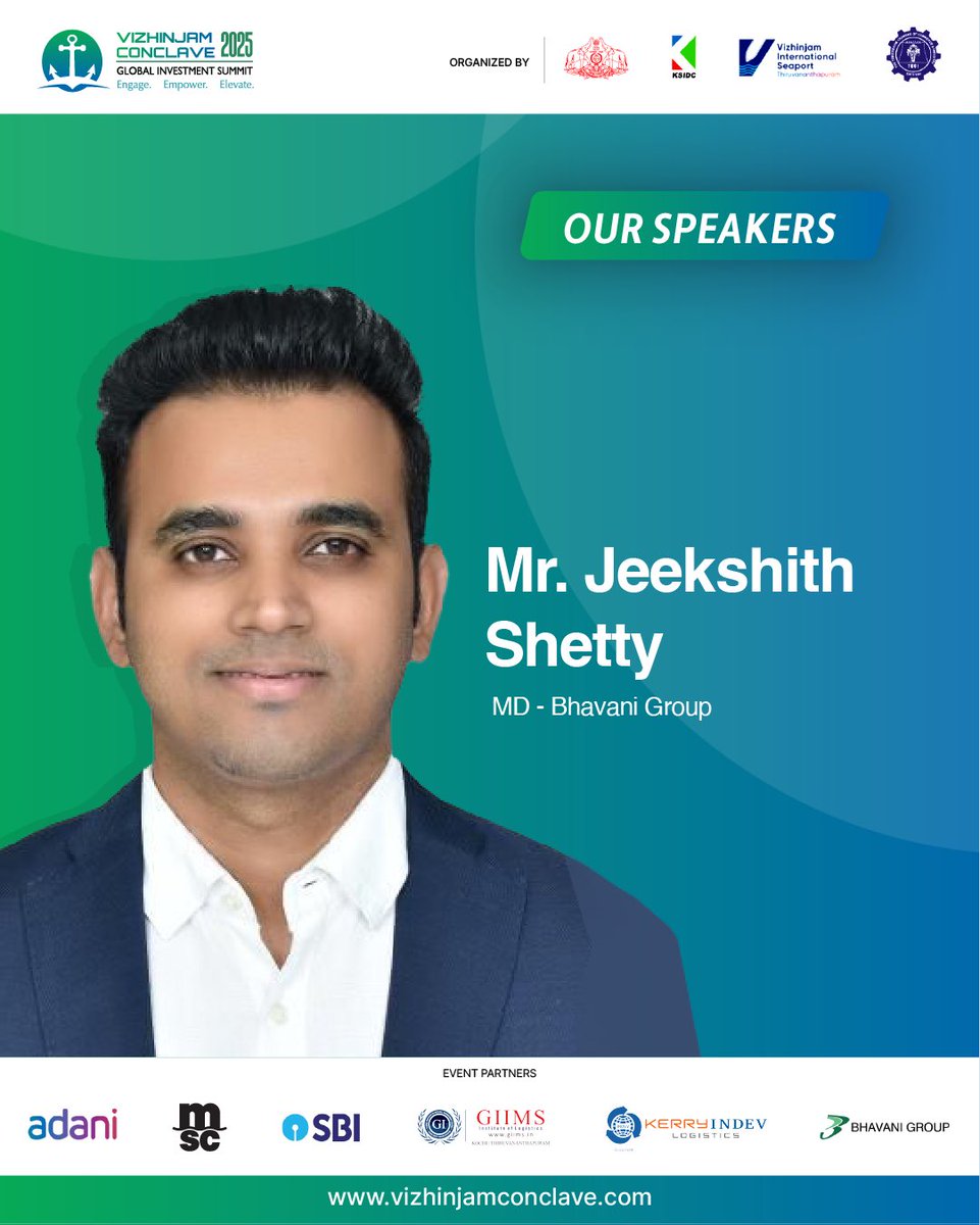 VzmConclave's tweet photo. 🌟 Speaker Spotlight 🌟

Introducing Mr. Jeekshith Shetty, MD of Bhavani Group, at Vizhinjam Conclave 2025!

Discover his expertise in infrastructure, innovation, and global growth.

📅 Jan 28-29, 2025
📍 Hyatt Regency, Trivandrum

#VizhinjamConclave2025 #Leadership #Innovation https://t.co/kyBzUORbC8