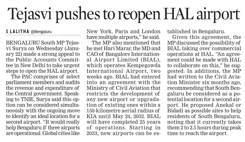 Tejasvi_Surya's tweet photo. Bengaluru needs HAL airport reopened at the earliest. 

While we wait for a new second airport, there is no logic in wasting the already existing public infrastructure at HAL. 

Thousands of passengers will benefit, saving the long commute to BIAL. 

Have pushed for this at PAC. https://t.co/uRn3TmJLYM