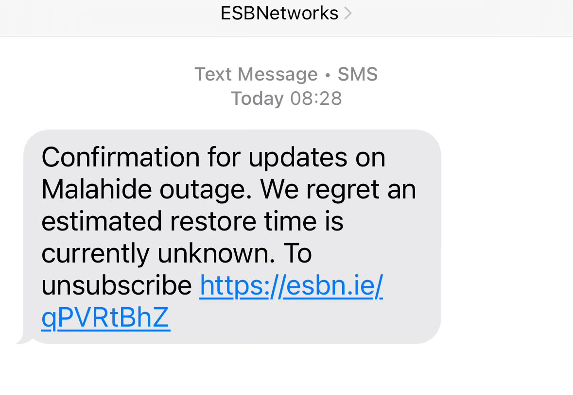 ccu2dub's tweet photo. Great work @ESBNetworks - this has been the story since 9 am yesterday — how long does it take to have a restore time? Or is this too much for you? https://t.co/a93UWym1U1