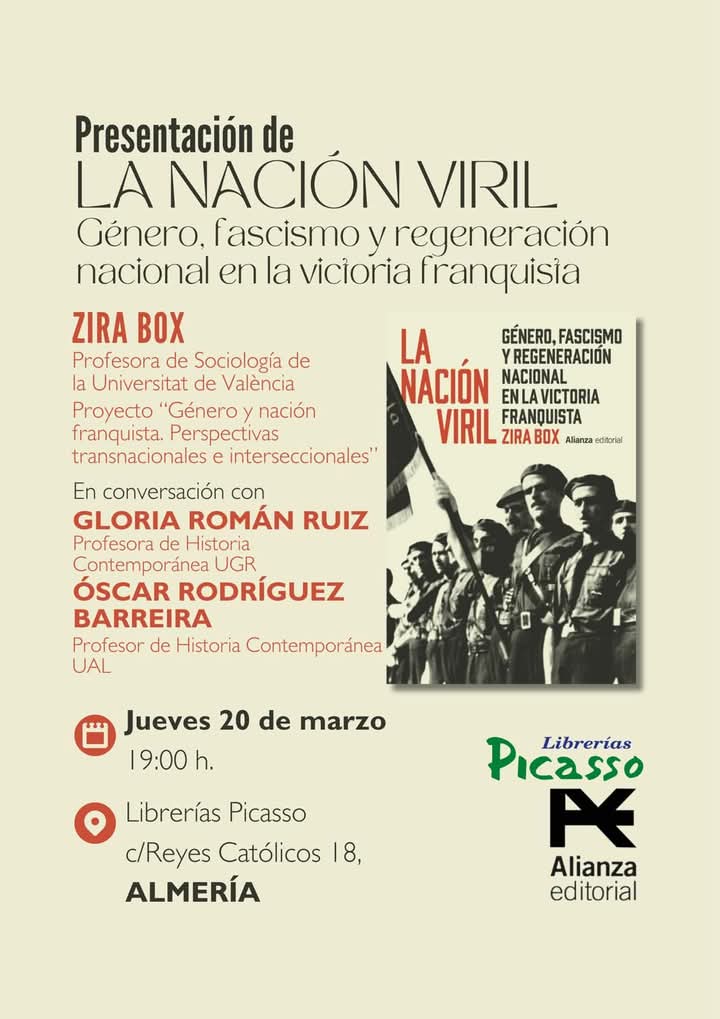 Óscar Rodríguez Barreira (@scarrodrguezba1) on Twitter photo El próximo jueves 20 de marzo <a href="/rrgloria_6/">Gloria Román Ruiz</a> Román y yo charlaremos con, <a href="/zira_box/">Zira Box</a> sobre su último libro: "La nación viril". Una obra del catálogo de <a href="/alianza_ed/">Alianza Editorial</a> El encuentro se celebrará a las 19:00 horas en la <a href="/LibreriaPicasso/">Librerías Picasso</a> de Almería
Una buena ocasión para hablar de historia El próximo jueves 20 de marzo <a href="/rrgloria_6/">Gloria Román Ruiz</a> Román y yo charlaremos con, <a href="/zira_box/">Zira Box</a> sobre su último libro: "La nación viril". Una obra del catálogo de <a href="/alianza_ed/">Alianza Editorial</a> El encuentro se celebrará a las 19:00 horas en la <a href="/LibreriaPicasso/">Librerías Picasso</a> de Almería
Una buena ocasión para hablar de historia