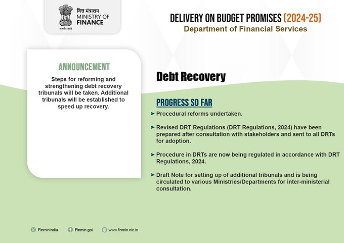PIB_India's tweet photo. As part of the insolvency resolution framework, Debt Recovery Tribunals #DRTs play a critical role in the health of banks, financial institutions, and overall economy
#BudgetForViksitBharat https://t.co/ZPJL2iwqum