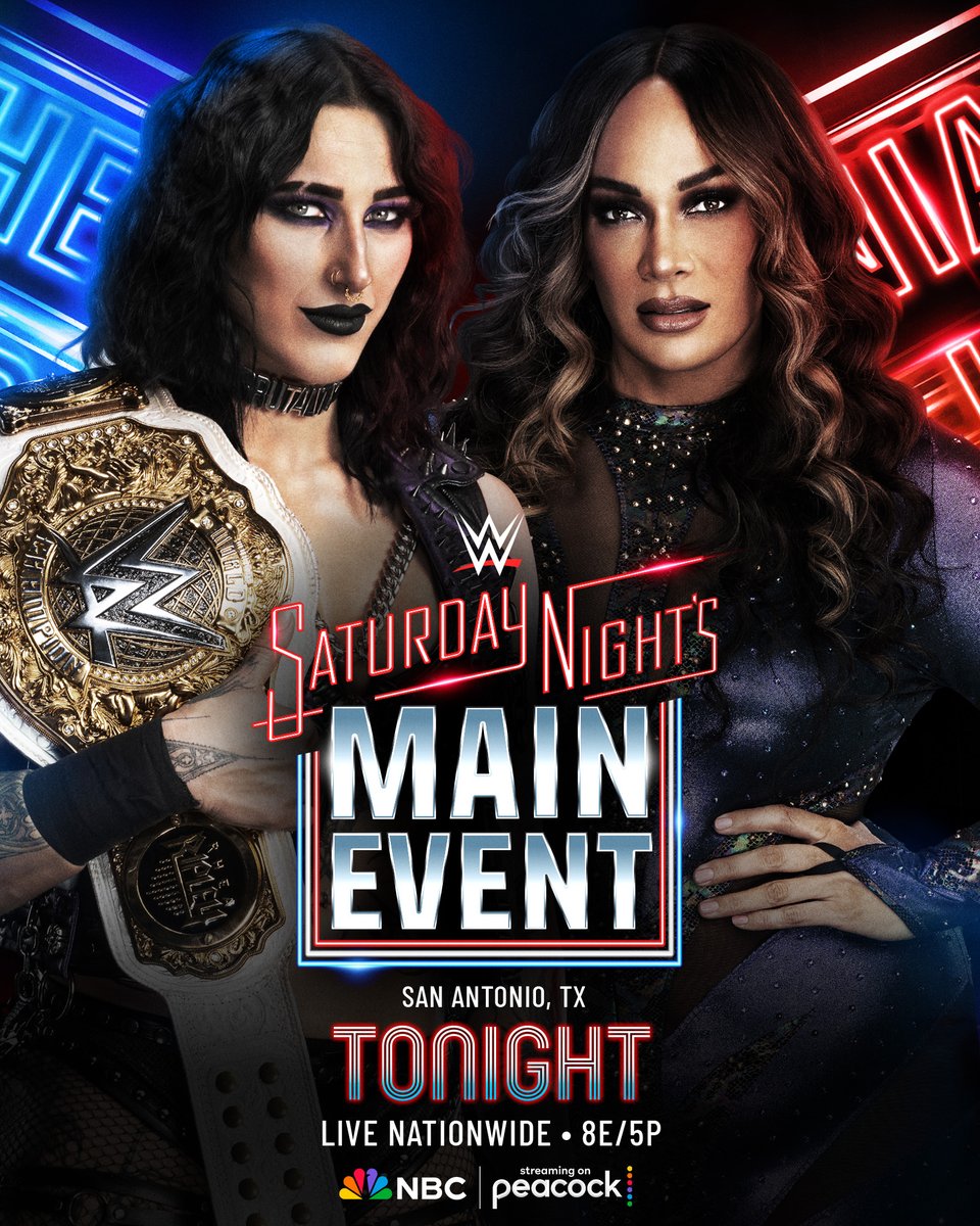 WWE's tweet photo. .@RheaRipley_WWE will defend the Women's World Championship against Nia Jax TONIGHT at #SNME! 

LIVE NATIONWIDE 8E/5P on @nbc and @peacock.
🦚 https://t.co/jIsswb7Fhq https://t.co/w2l4T0aQXS