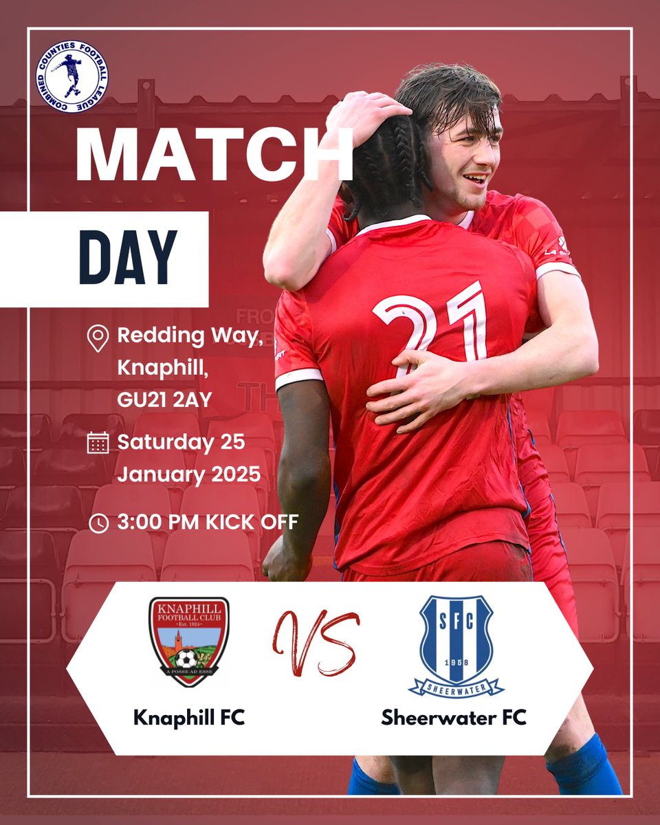 ⚽ DERBY DAY ⚽

Knaphill FC 🆚 <a href="/Sheerwaterfc/">Sheerwater FC</a> 

📅 Saturday, 25 January 2025
⏰ 3:00 PM
🏆 <a href="/ComCoFL/">Combined Counties Football League</a> Premier South
📍 Redding Way, Knaphill, GU21 2AY

🎟️ Ticket Prices:
• Adults: £9
• Concessions: £5 (includes Ex-Military, Military &amp; Blue Light Card Holders)
• U16s: FREE (when