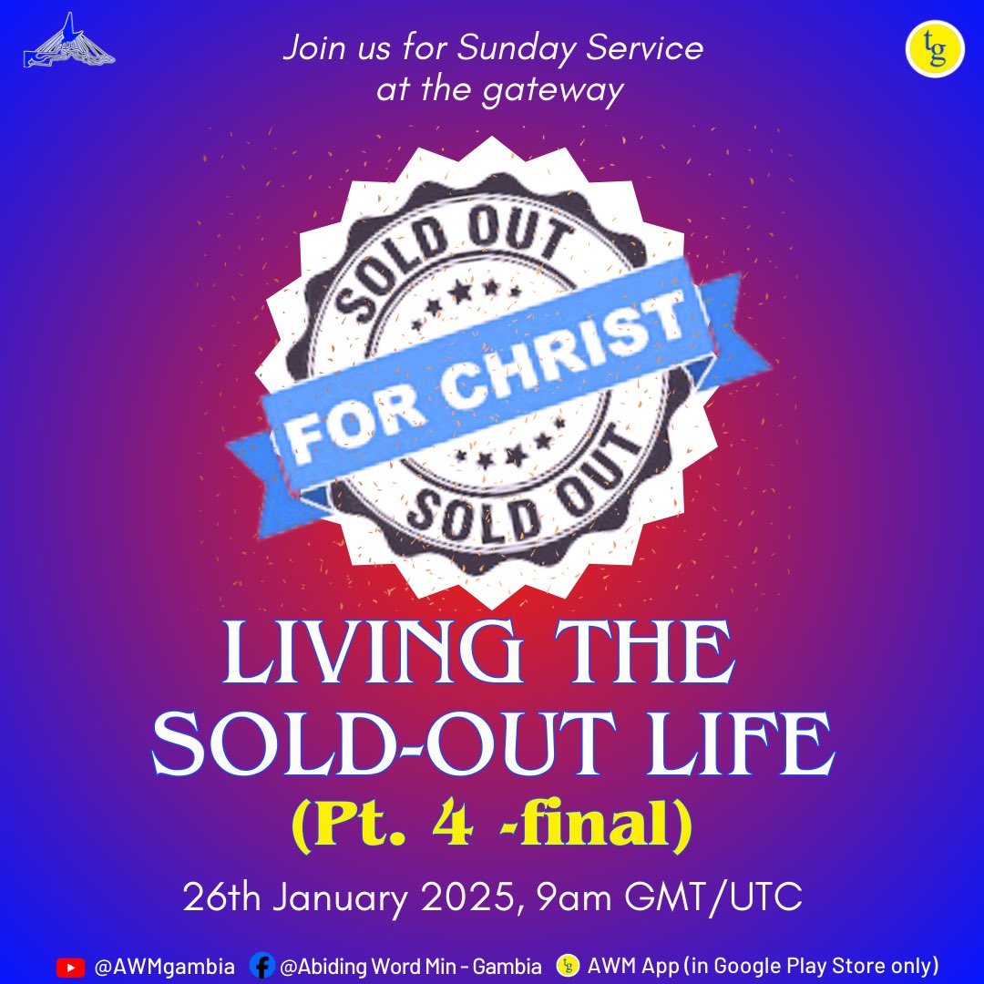 AbidingWord1's tweet photo. We warmly welcome you to our SUNDAY SERVICE at the gateway, on 26th January 2025 at 9am GMT/UTC. 

We continue our series entitled ‘MINISTRY &amp; ETERNITY - OUR CALL &amp; JOYFUL DUTY’, with the message “LIVING THE SOLD-OUT LIFE” (Pt. 4 - final). 
“We are the MANY OTHERS” https://t.co/uiu8hnyV4V