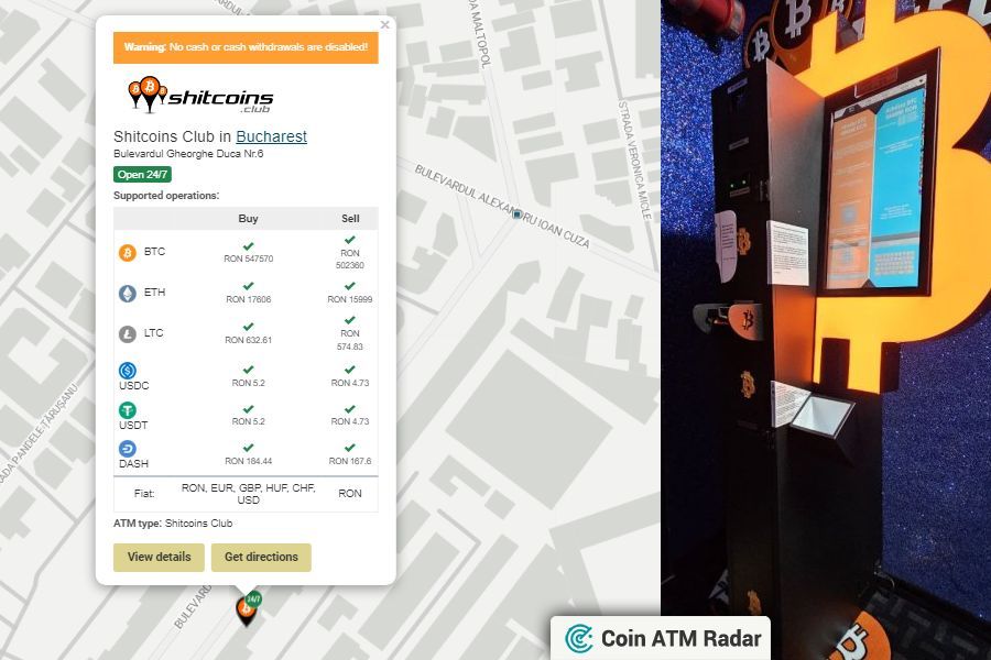 CoinATMRadar's tweet photo. Latest installed @BitomatCom bitcoin ATM at Shitcoins Club in Bucharest 🇷🇴. Operated by @BitomatCom. Supported coins: BTC, ETH, LTC, DASH https://t.co/Vlmp9S6dXL