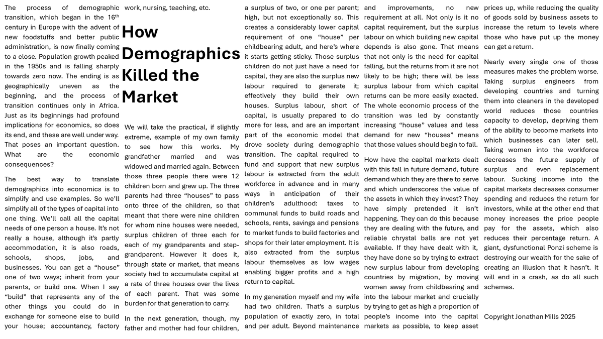 Muinchille's tweet image. Demographics has killed the market. At least the magical, self-adjusting, invisible hand of wisdom market we were all taught to believe in. The left wing should be deleriously happy, except that they depend on it as much as the rest of us do....