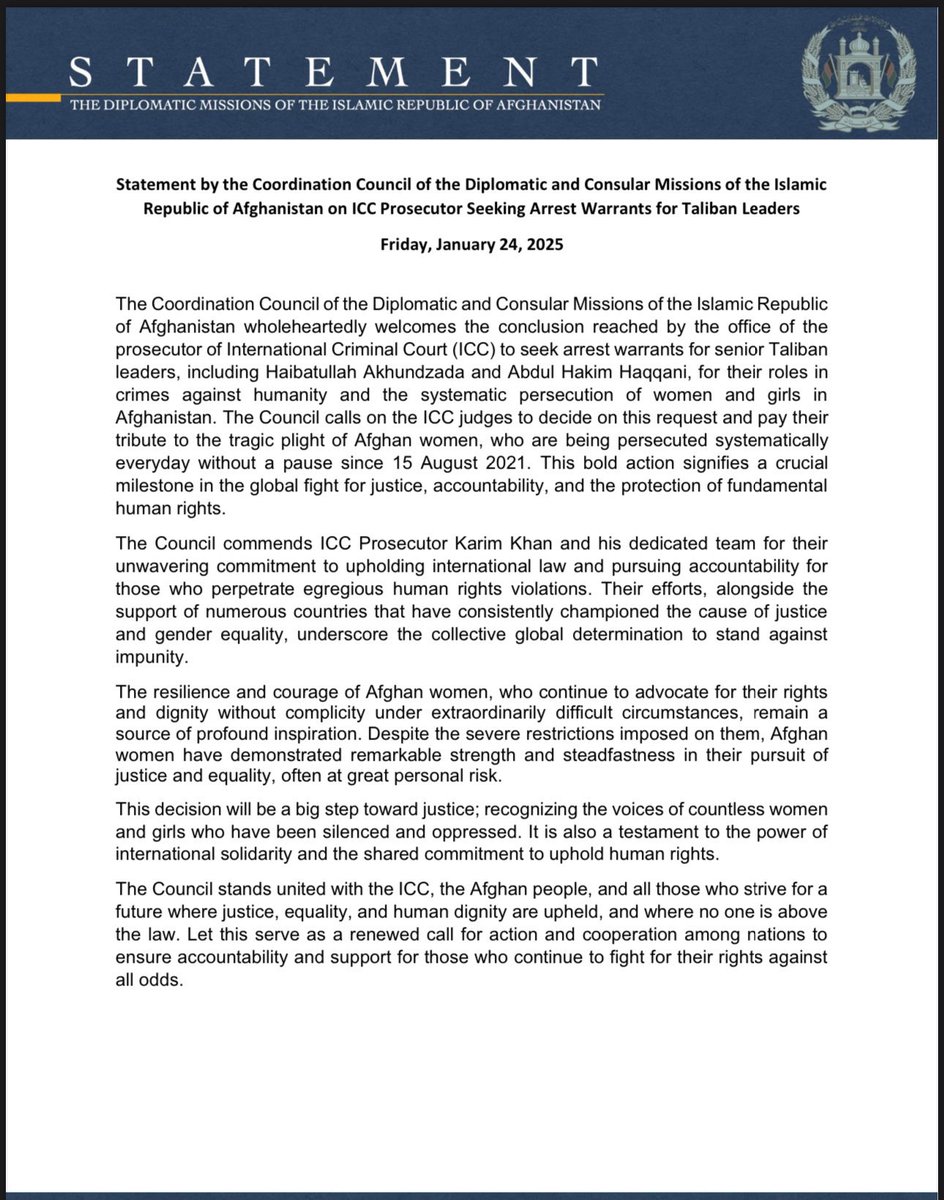 AfghanistanInPL's tweet photo. Statement by the Coordination Council of the Diplomatic and Consular Missions of the I.R of Afghanistan 🇦🇫 on ICC Prosecutor Seeking Arrest Warrants for Taliban Leaders: https://t.co/pheTj8etjG