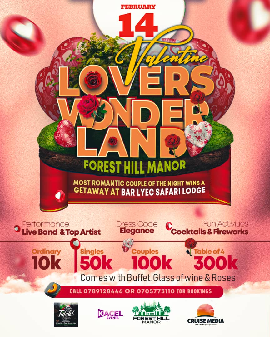 This #ValentinesDay , treat your partner to Lover's Wonder land at Forest Hill Manor, Gulu and you could be the lucky winner of a fully paid Getaway at Bar Lyec Safari lodge. 

Expect a Live band performance, cocktails and Fireworks. 

Check poster for details. 
#LoversWonderLand