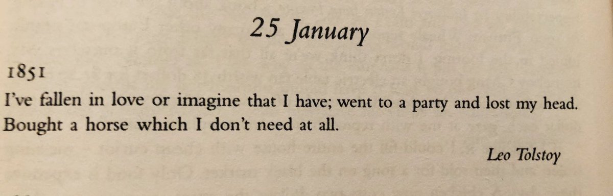 bo66ie29's tweet photo. “I’ve fallen in love or imagine I have; went to a party and lost my head. Bought a horse which I don’t need at all.”

Leo Tolstoy, journal entry on 25th January 1851. https://t.co/y2h9E6Fa1f