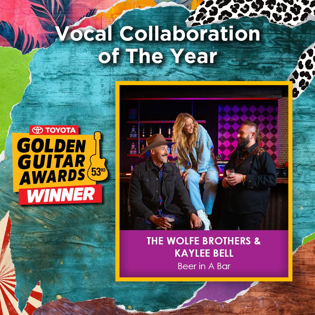 The 2025 Golden Guitar Award for Vocal Collaboration of the Year goes to…

Kaylee Bell &amp; The Wolfe Brothers for “BEER IN A BAR” ⭐🏆

#GoldenGuitars #TCMF2025