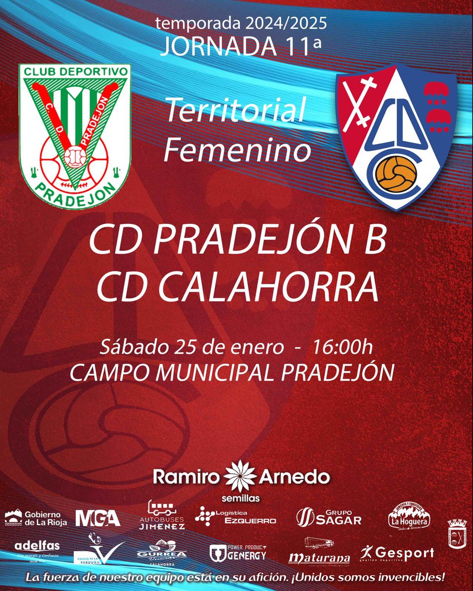 CDCCantera's tweet photo. ⚔️ HOY JUEGA EL TERRITORIAL FEMENINO DEL CD CALAHORRA  ⚔️ 

🏆11ª Jornada

🆚 CD Pradejón B

🏟️ Campo Municipal de Pradejon

📅 25 de diciembre

⏰ 16:00h

#ciudadrojilla https://t.co/aZRnzuvLpm