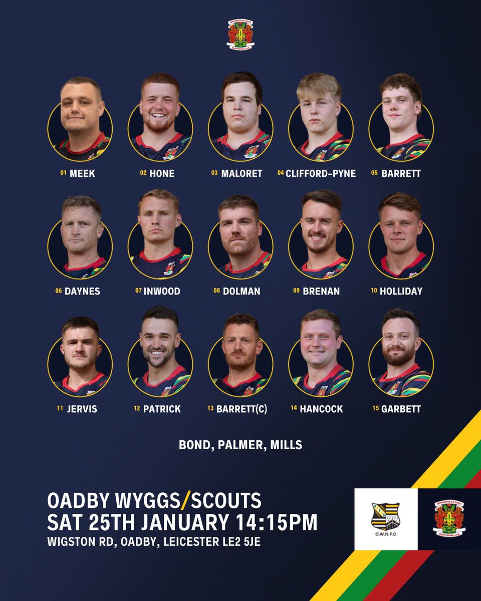 NOSRFC's tweet photo. Here is your Old Scouts side to travel to @OadbyWyggsRFC today in what will be a tough league game. Get on over and show your support 💪🏻💪🏻

⬆️🍖💯👴🏻⚜️🔵🟡🟢🔴 #nosrfc #instasport #rugbyunion #eastmidlandsrugby #rugby #englandrugby #northamptonshire #eastmidlands https://t.co/ydZPTIrVjy