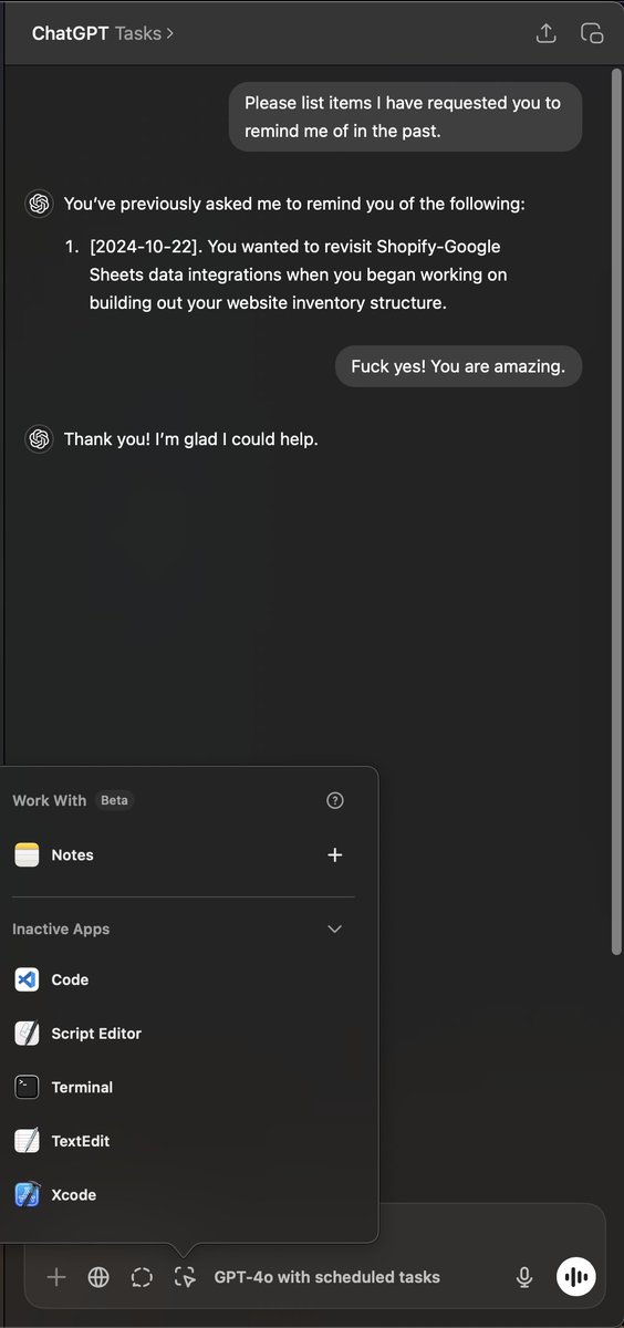 mrmoonwlkr's tweet photo. idk if it’s awesome or terrifying but chatGPT now can contact YOU!

And perform automated tasks on a regular schedule w/o direct user input. 

AND, it now directly plugs-in to Terminal and other coding software 🤯 https://t.co/5nd7xgpUUB
