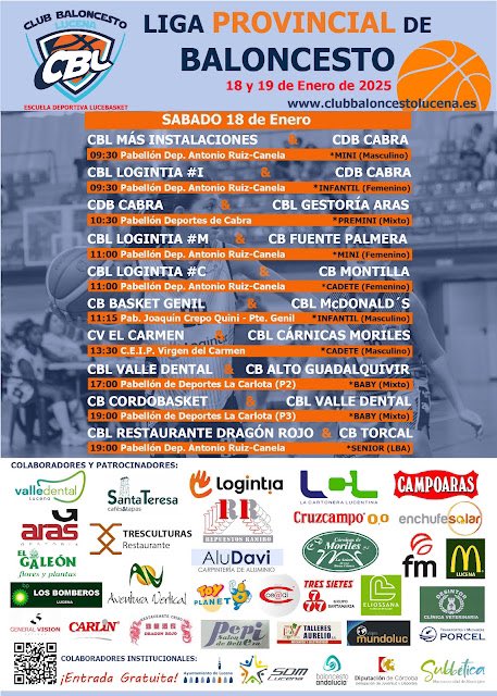 AGENDA DEPORTIVA ... Quinceava jornada, siete encuentros en total, 4 el sábado 25 de Enero y tres el domingo, jornada espectacular.
🏀🏀
... Os esperamos para pasar una estupendísima jornada de baloncesto 🏆
Suerte a todos nuestros equipos! 
 🏀🏀
