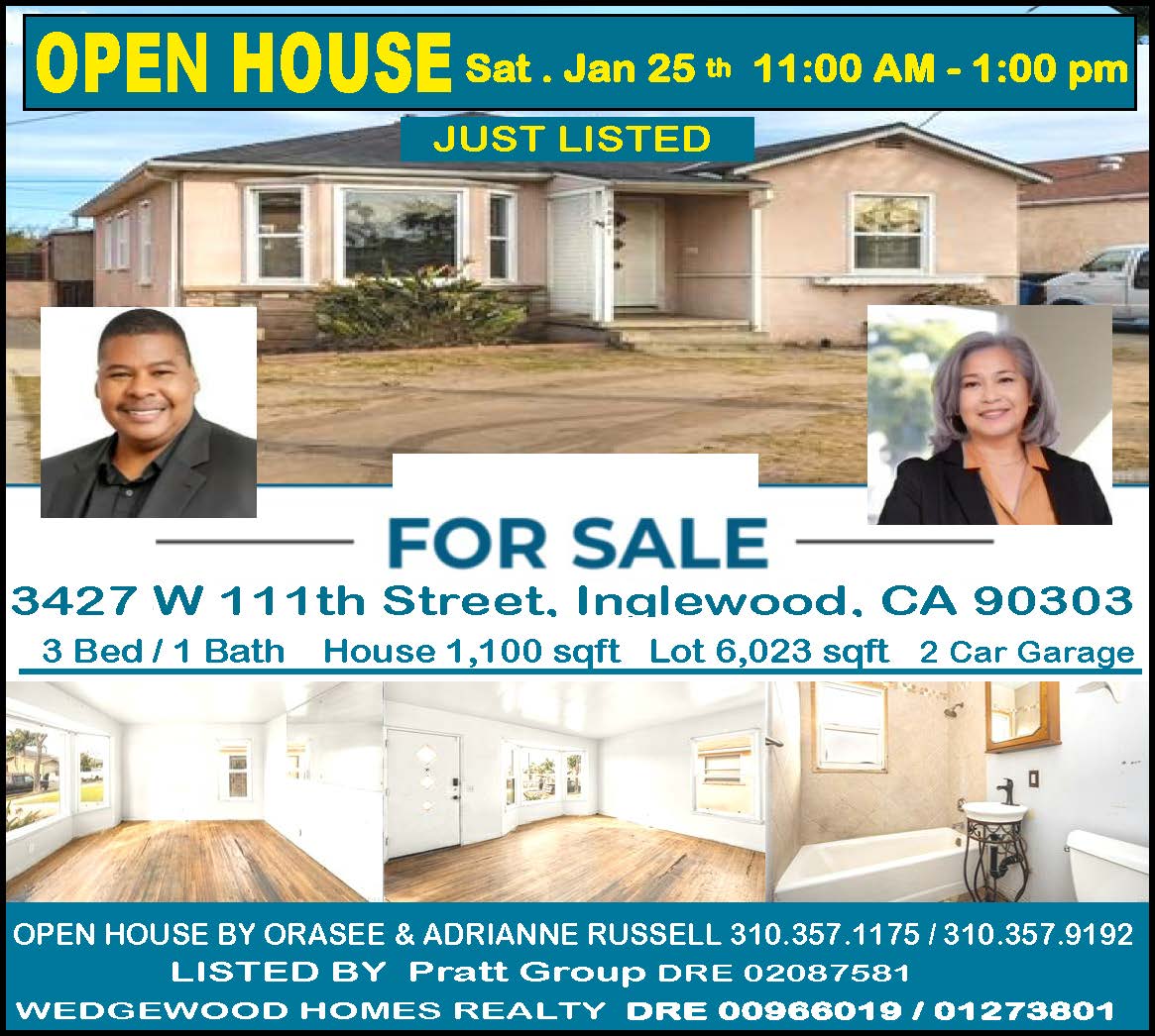 orasee2's tweet photo. 3427 W 111th St, Inglewood 90303 Open House Saturday, Jan 25th, 11:00 AM -1:00 pm  310-357-1175 https://t.co/OHi4gdHoaf