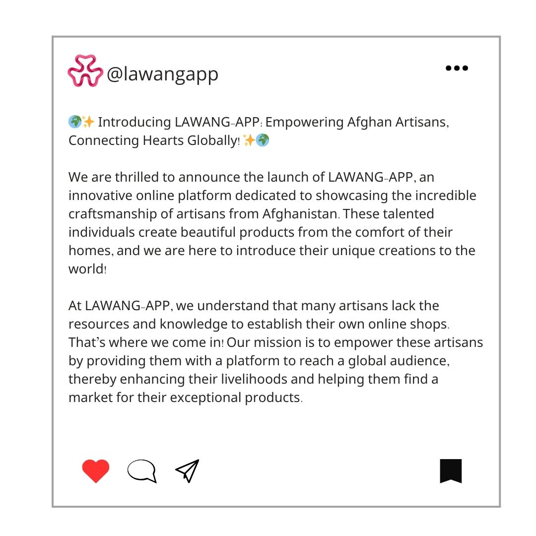 LAWANGAPP's tweet photo. LAWANG-APP 

"Connecting Hearts Globally"

#LawangApp #SupportArtisans #AfghanCraftsmanship #Empowerment #GlobalConnection #HandcraftedWithLove https://t.co/AfaFLxSUf1