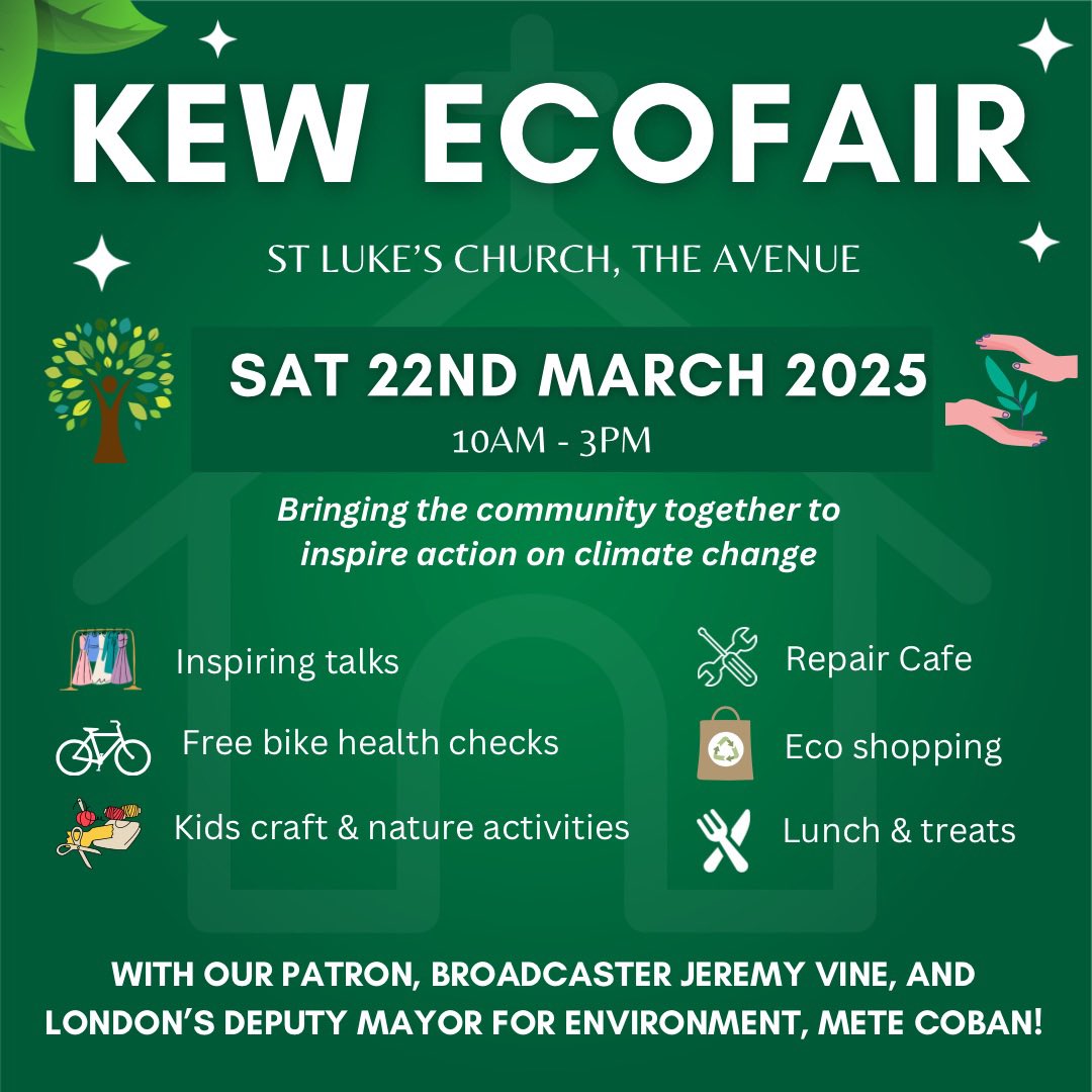 Kew EcoFair (@kewecofair) on Twitter photo 📢 SAVE THE DATE 🗓️
Kew EcoFair is back on Sat 22nd March! 🎉
Bringing the community together to inspire action on climate change - with our patron <a href="/theJeremyVine/">Jeremy Vine | Here, on Tiktok, Insta & Facebook</a> and London’s Deputy Mayor for Environment <a href="/metecoban92/">Mete Coban MBE</a> 🌎
See you there 👋 📢 SAVE THE DATE 🗓️
Kew EcoFair is back on Sat 22nd March! 🎉
Bringing the community together to inspire action on climate change - with our patron <a href="/theJeremyVine/">Jeremy Vine | Here, on Tiktok, Insta & Facebook</a> and London’s Deputy Mayor for Environment <a href="/metecoban92/">Mete Coban MBE</a> 🌎
See you there 👋