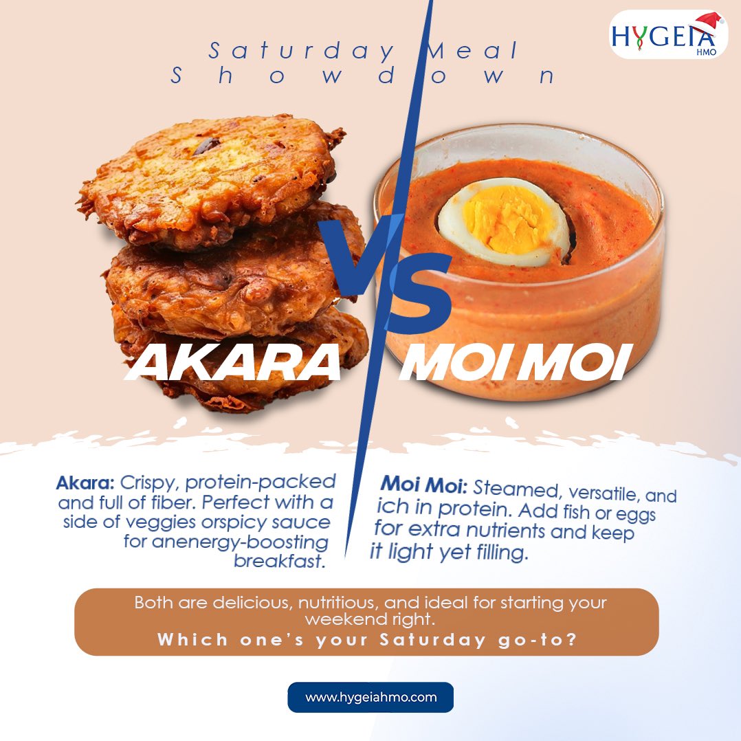 HygeiaHMO_'s tweet image. Akara or Moi Moi: what’s your pick for today’s healthy Saturday meal?
Both are packed with protein and fiber, making them the perfect way to fuel your weekend!
#AkaraVsMoiMoi #HealthyEating #WeekendMeals