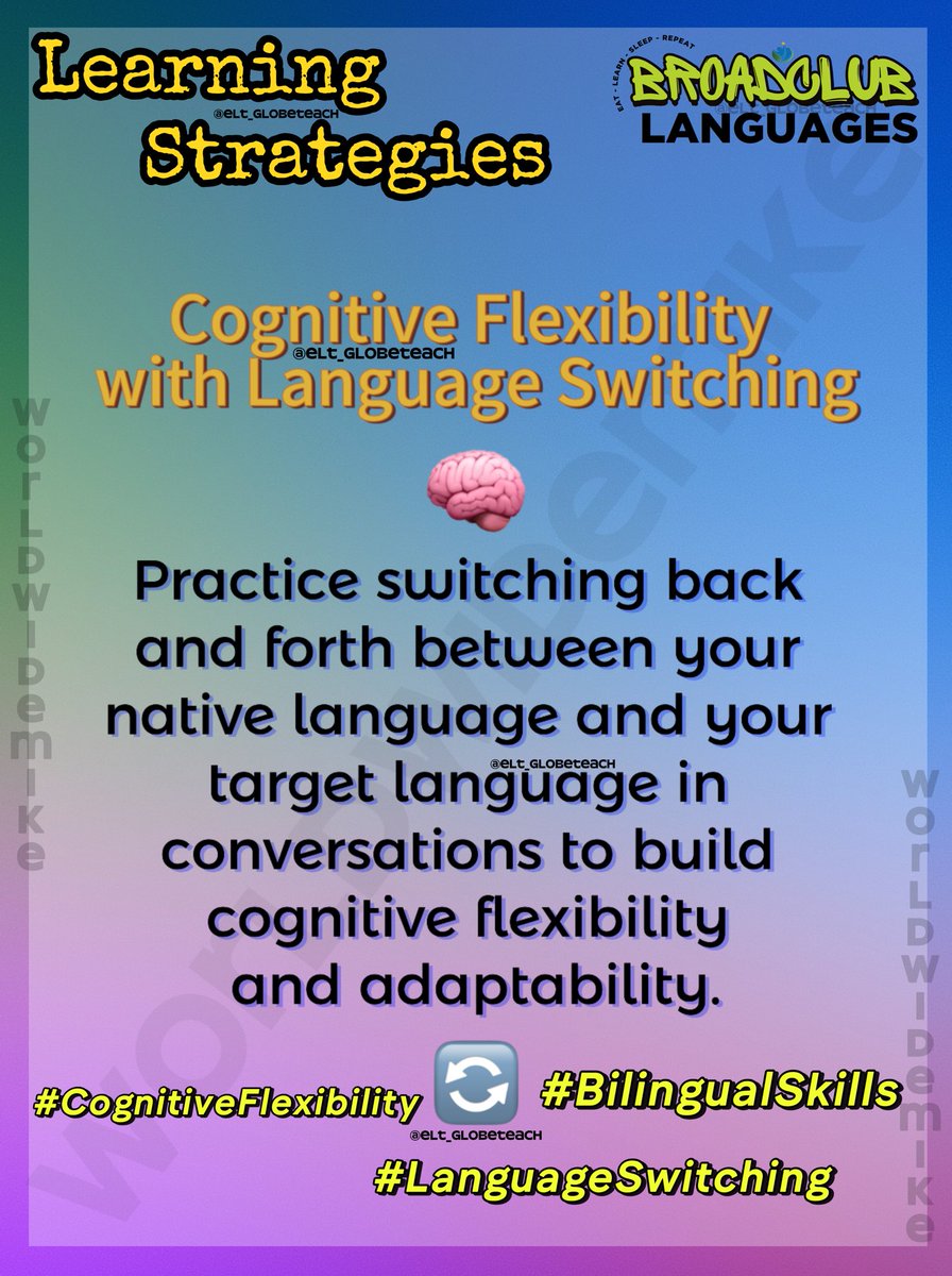 ELT_GlobeTeach's tweet photo. Boost your #CognitiveFlexibility by practicing #LanguageSwitching! ๐ฏ Switching between your native and target languages sharpens adaptability and builds mental agility. ๐ Perfect for multilingual conversations! #BilingualSkills #LanguageLearningTips #TEACHers https://t.co/EifSvHsqTH