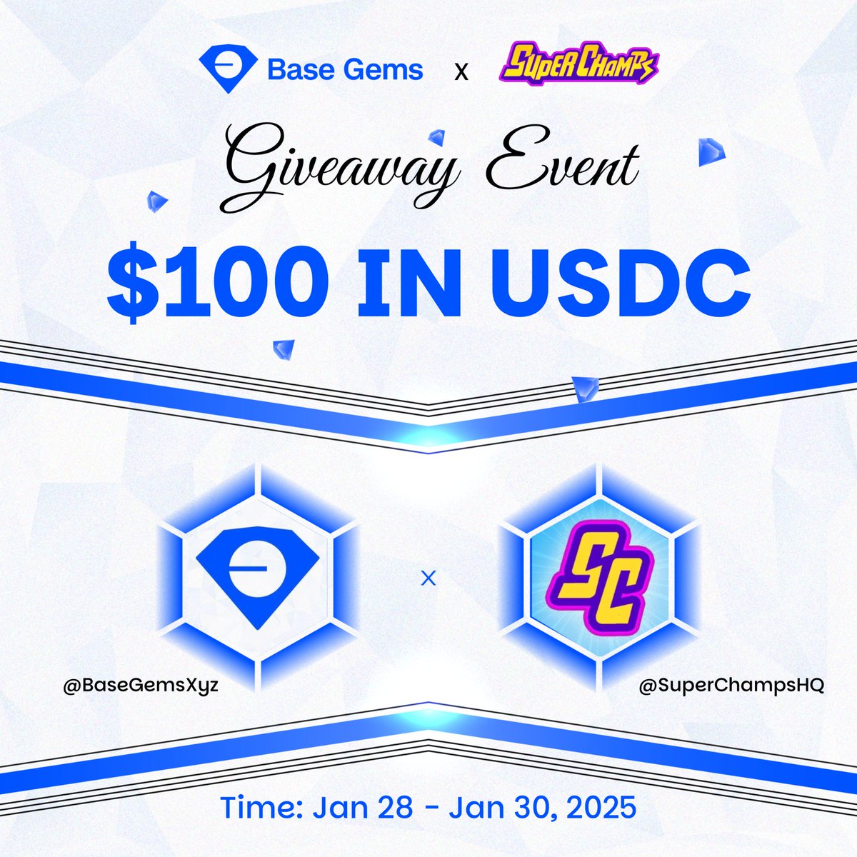 🔊GIVEAWAY EVENT  🤝

🎁 Prize pool for 5 winners
$100 in $USDC

✔️ To Enter:
1️⃣ Follow @BaseGemsXyz  x <a href="/SuperChampsHQ/">Super Champs</a>
2️⃣ ❤️ and Repost
3️⃣ Tag 3 friends

⏰ 48h

$CHAMP #Giveaway #Airdrop #Base