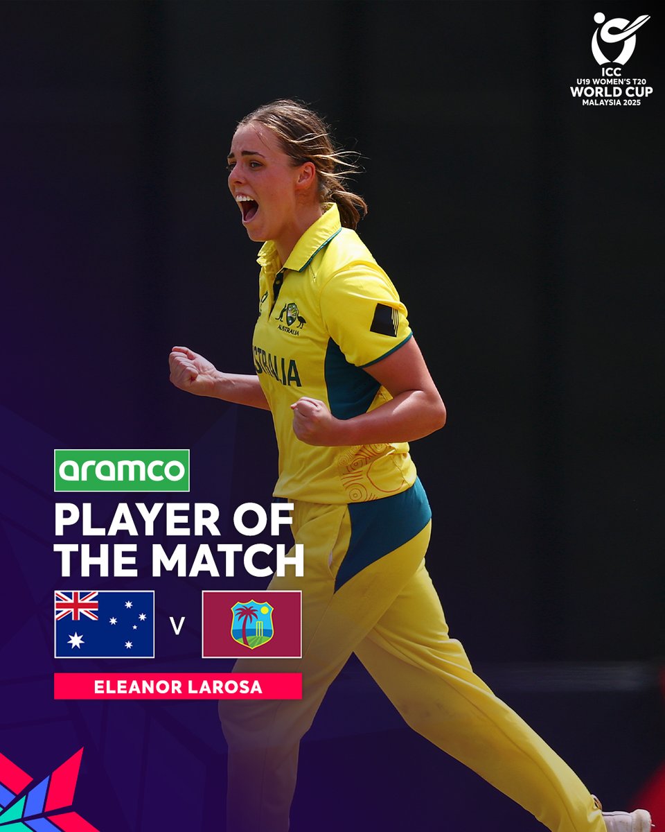 T20WorldCup's tweet image. Eleanor Larosa was the definition of perfect in her new-ball spell against the West Indies 👏

She is the @aramco POTM for her brilliant 2/6 👊

#AUSvWI #U19WorldCup
