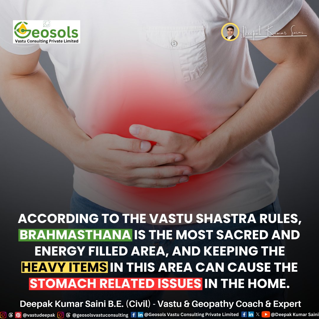 GeosolsLtd's tweet image. According to the Vastu Shastra, Keeping of What 🤔 On the Brahmasthana of the Home 🏡 Can Leads to Stomach Related Problems🤮❓

Follow - @GeosolsLtd 

#Brahmasthana #StomachProblem #StomachIssue #VastuTips #HeavyFurniture #DeepakKumarSaini #Geosols #DKS #GVCPL #VastuDeepak