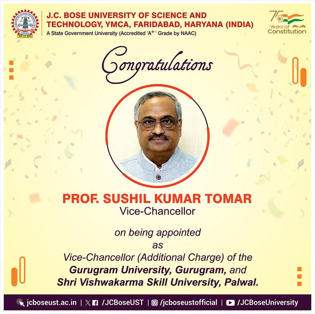 JCBoseUST's tweet photo. Haryana Government has appointed Prof. Sushil Kumar Tomar, Vice-Chancellor at @JCBoseUST, as the Vice-Chancellor of Gurugram University, Gurugram, and Shri Vishwakarma Skill University, Palwal, in addition to his present responsibilities. https://t.co/bAgaRy2IrQ