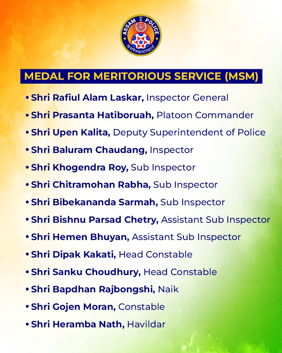 Assam Police (@assampolice) on Twitter photo Heartiest Congratulations to all recipients of President's Medal For Distinguished Service & Medal For Meritorious Service, conferred on the occasion of #RepublicDay2025.
You've made all of us proud.
Kudos!
<a href="/HMOIndia/">गृहमंत्री कार्यालय, HMO India</a> <a href="/CMOfficeAssam/">Chief Minister Assam</a> <a href="/gpsinghips/">GP Singh</a> <a href="/HardiSpeaks/">Hardi Singh</a> Heartiest Congratulations to all recipients of President's Medal For Distinguished Service & Medal For Meritorious Service, conferred on the occasion of #RepublicDay2025.
You've made all of us proud.
Kudos!
<a href="/HMOIndia/">गृहमंत्री कार्यालय, HMO India</a> <a href="/CMOfficeAssam/">Chief Minister Assam</a> <a href="/gpsinghips/">GP Singh</a> <a href="/HardiSpeaks/">Hardi Singh</a>