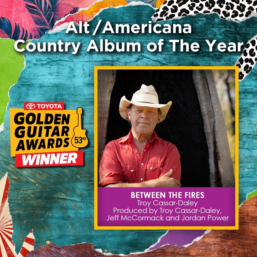 Tamworth Country Music Festival (@tcmf_official) on Twitter photo The 2025 Golden Guitar Award for Alt Country Album of the Year goes to...
<a href="/troycassardaley/">Troy Cassar-Daley</a> for “Between the Fires”, produced by Troy Cassar-Daley, Jeff McCormack & Jordan Power ⭐🏆
#GoldenGuitars #TCMF2025 The 2025 Golden Guitar Award for Alt Country Album of the Year goes to...
<a href="/troycassardaley/">Troy Cassar-Daley</a> for “Between the Fires”, produced by Troy Cassar-Daley, Jeff McCormack & Jordan Power ⭐🏆
#GoldenGuitars #TCMF2025