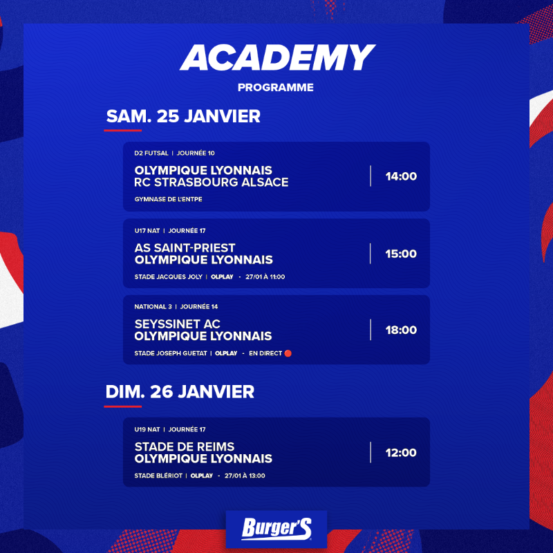 OL's tweet photo. 🔴 Academy 🔵

📅 Découvrez le programme de l'#OLAcademy pour ce week-end ⚽

💻📱 À suivre sur @OLPLAY_Officiel :

▪ Notre réserve en déplacement à Seyssinet en direct ce samedi soir
▪ Nos #U17 et nos #U19 en différé lundi

👉 https://t.co/szeffqIsnc

#MadeInOL