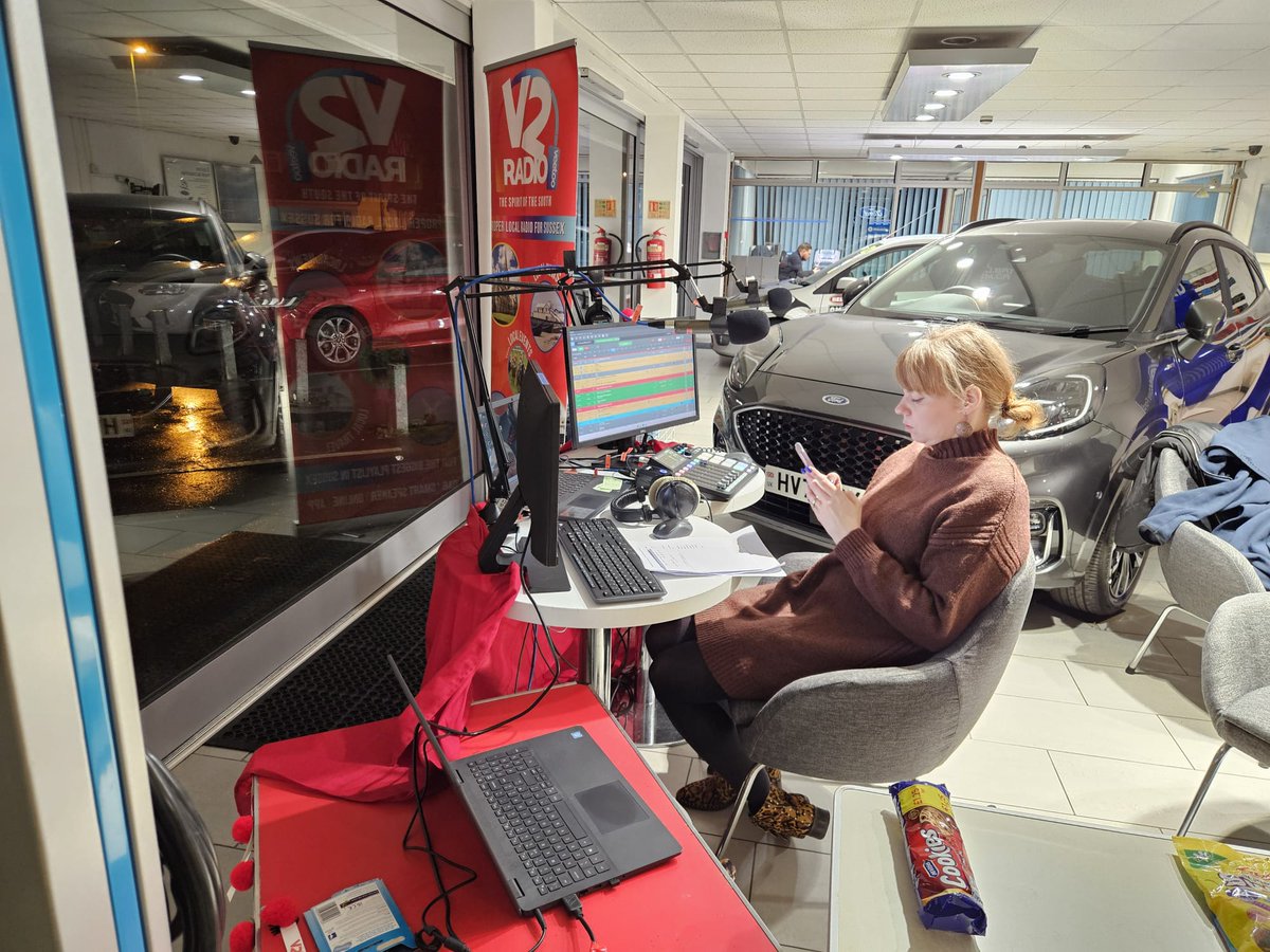 Great day yesterday. A Breakfast show 'OB', presenting live from a car dealership showroom 😂 
Love working with the V2 Radio boys and great to have listeners pop in to say hello. Thanks to @cuffmiller for hosting &amp; supplying the continuous coffee. 
Photo of me working hard.