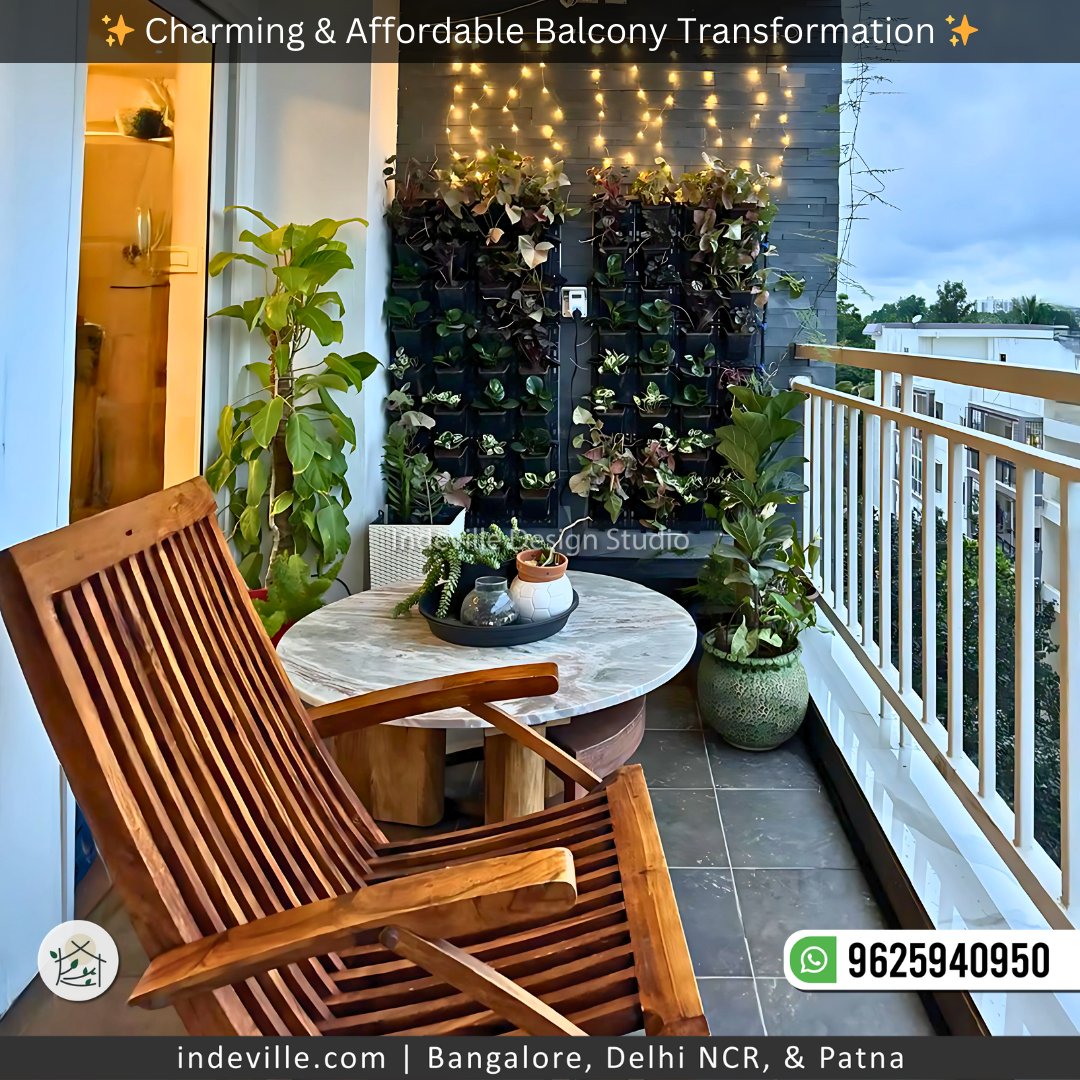 indevilledesign's tweet image. Turn your balcony into a cozy retreat!🌿 Vertical garden wall, warm fairy lights, and chic wooden furniture—crafted for ultimate relaxation.✨

📍 Bangalore, Delhi NCR, &amp;amp; Patna
📞 Call/WhatsApp: 9625940950

#balconymakeover #urbanretreat #verticalgarden #cozy #affordabledesign