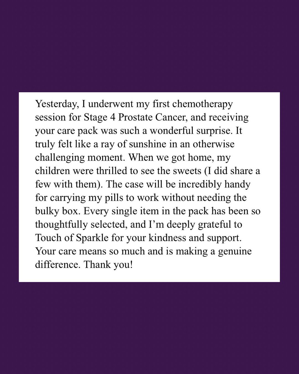 We were delighted to receive this very kind thank you message recently. To know that our care pack made such a difference and was appreciated by all the family means the world🥰💜

#cancer #charity #cambridge #huntingdon #peterborough #prostatecancer #hinchingbrooke #addenbrookes