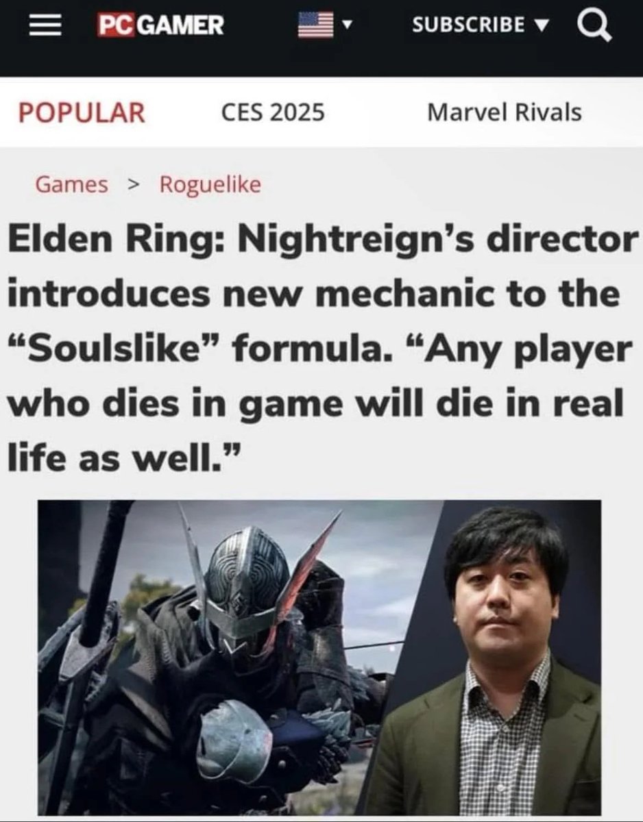 AlmightyWesker's tweet photo. مخرج لعبة Elden Ring القادمة يقول أضافوا خاصية جديدة اذا مت باللعبة راح تموت بالواقع أيضاً https://t.co/5MR2cT59nS