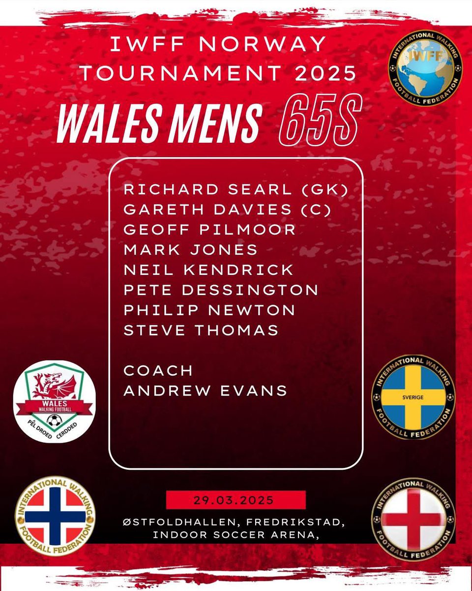 Wales Walking Football (@wales_wf) on Twitter photo Wales Over 65s Men Squad Announcement
IWFF NORWAY TOURNAMENT 29/03/25 โฝ๏ธ
Congratulations to our players selected to represent Wales. Our 65s mens squad will play hosts Norway, Sweden & England ๐ด๓ ง๓ ข๓ ท๓ ฌ๓ ณ๓ ฟ ๐ณ๐ด ๐ธ๐ช ๐ด๓ ง๓ ข๓ ฅ๓ ฎ๓ ง๓ ฟ
Good luck all and have a fantastic tournament. Wales Over 65s Men Squad Announcement
IWFF NORWAY TOURNAMENT 29/03/25 โฝ๏ธ
Congratulations to our players selected to represent Wales. Our 65s mens squad will play hosts Norway, Sweden & England ๐ด๓ ง๓ ข๓ ท๓ ฌ๓ ณ๓ ฟ ๐ณ๐ด ๐ธ๐ช ๐ด๓ ง๓ ข๓ ฅ๓ ฎ๓ ง๓ ฟ
Good luck all and have a fantastic tournament.