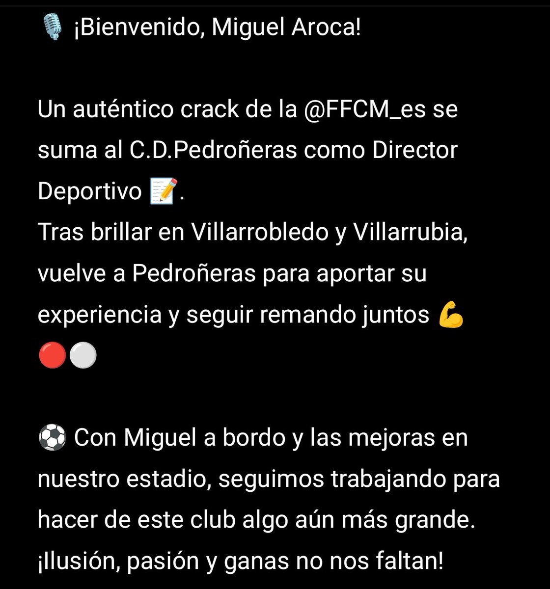 🎙️ ¡Bienvenido, <a href="/miguel_aroca57/">Miguel Aroca Martinez</a>!

Un auténtico crack de la <a href="/FFCM_es/">FFCM</a> se suma al C.D.Pedroñeras como Director Deportivo 📝. 

Tras brillar en Villarrobledo y Villarrubia, vuelve a Pedroñeras para aportar su experiencia y seguir remando juntos 💪🔴⚪

#CDPedroñeras #SeguimosSumando