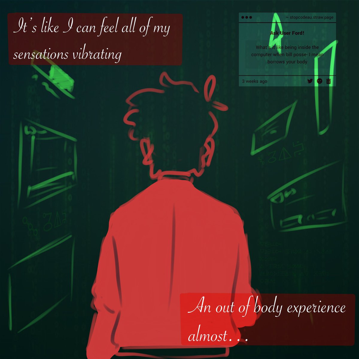 VioVigilant's tweet photo. Q: What's it like being inside the computer when bill posse- I mean borrows your body

“He really enjoys it when he borrows my body. Must be because he has a physical form when he does.”

#STOPCodeAU #UserFord #GravityFallsAU #StanfordPines #MalwareBill https://t.co/yz3QHGczNx