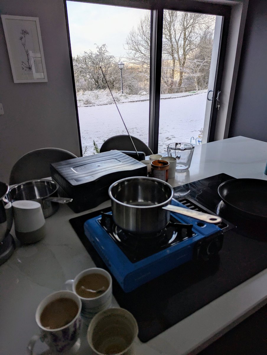 JoeBaltoney's tweet photo. @CarlowWeather @AlisonTodayFM @TodayFM still no power and now it's cold and snowing 🥶. Keeping warm with tea on the camping stove listening on an actual radio! https://t.co/2B2jl9bHPv