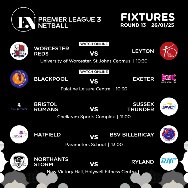 EnglandNetball's tweet photo. Round 13 🔜

⚔️ The battles continue across Premier Leagues 1, 2 and 3 on Sunday! 

See which games are available to watch live via England Netball TV 📺⬇️