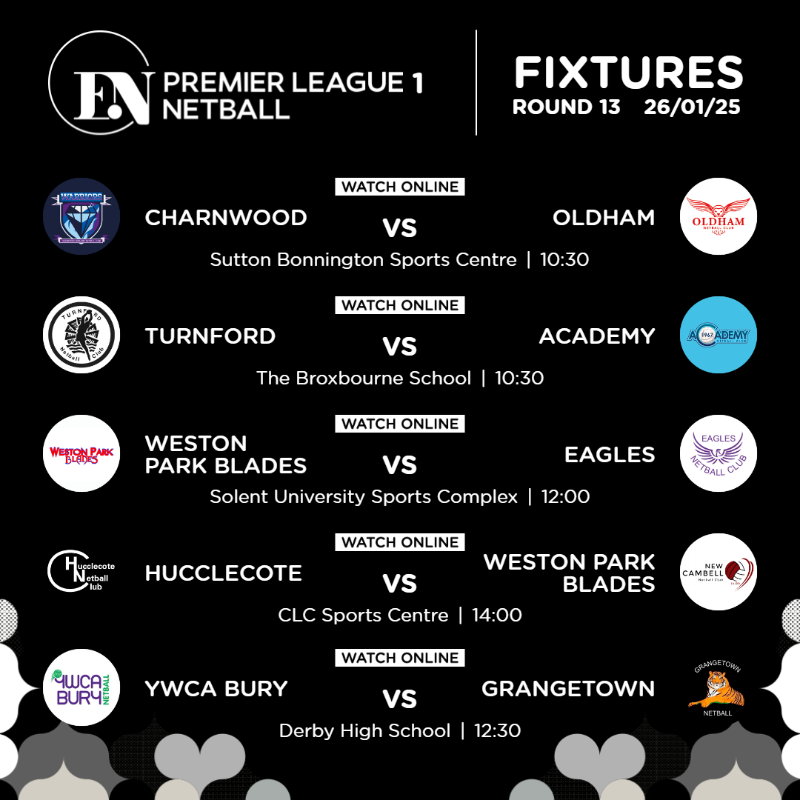 EnglandNetball's tweet photo. Round 13 🔜

⚔️ The battles continue across Premier Leagues 1, 2 and 3 on Sunday! 

See which games are available to watch live via England Netball TV 📺⬇️