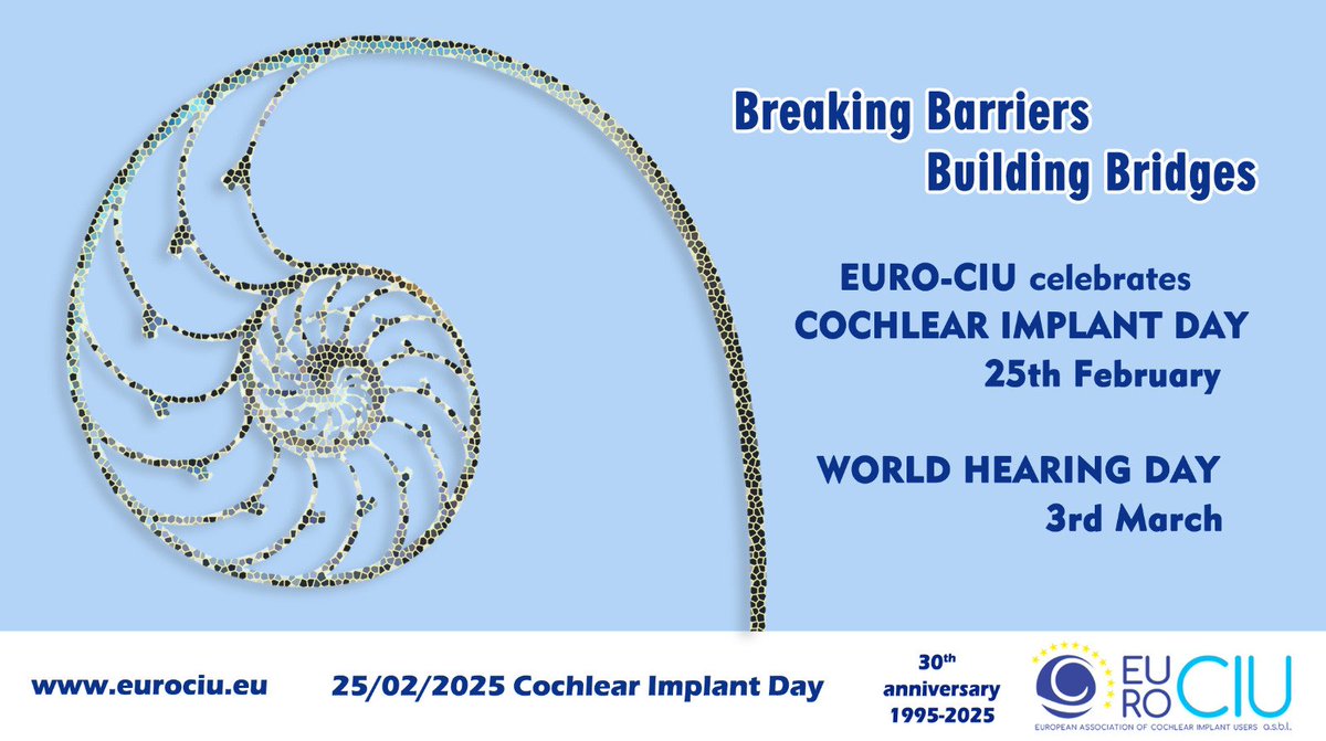 .<a href="/eurociu/">EURO-CIU</a> has declared the slogan “Breaking Barriers, Building Bridges”
for #CochlearImplantDay25 emphasizing the need to overcome the #stigmas and everyday challenges faced by the hard of hearing and deaf people. Through education,
culture, and the dissemination of information.
