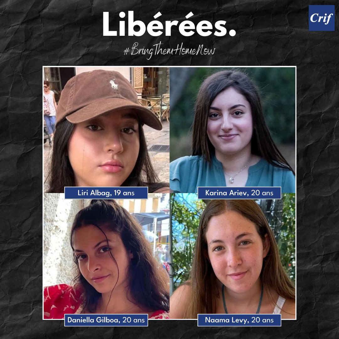 Le_CRIF's tweet image. Elles sont enfin libres ! Après 477 jours de captivité, quatre nouveaux otages sont libérés ce matin :

🎗️ Liri Albag, 19 ans
🎗️ Karina Ariev, 20 ans
🎗️ Daniella Gilboa, 20 ans
🎗️ Naama Levy, 20 ans

Enlevées par les terroristes du Hamas le 7-Octobre, elles vont retrouver leurs…